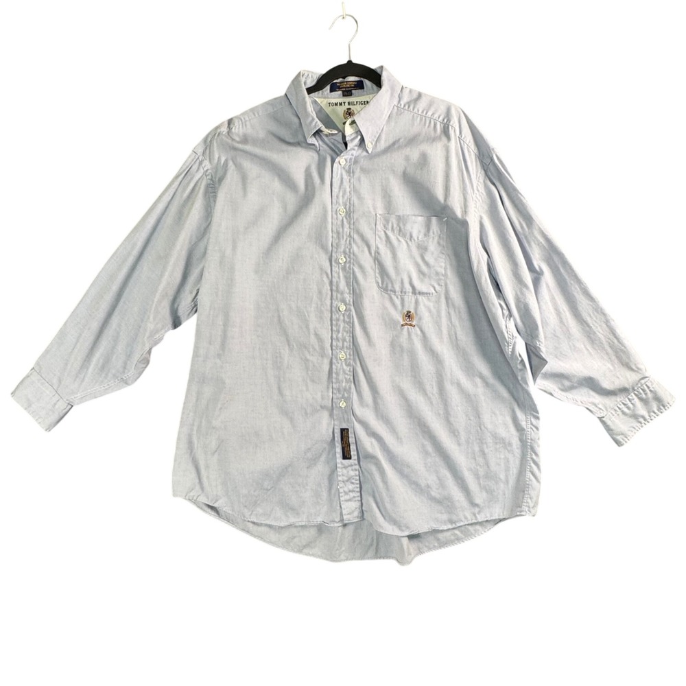 VTG Y2K Tommy Hilfiger Mens Pinpoint Oxford Shirt Light Blue 17.5 33 Button Down